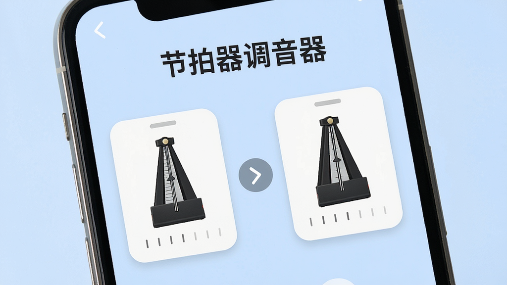 一张以节拍器调音器二合一功能为主题的图片,画面展示手机屏幕中节拍器与调音器两个功能模块并列排布,中间用切换箭头连接,屏幕上方有