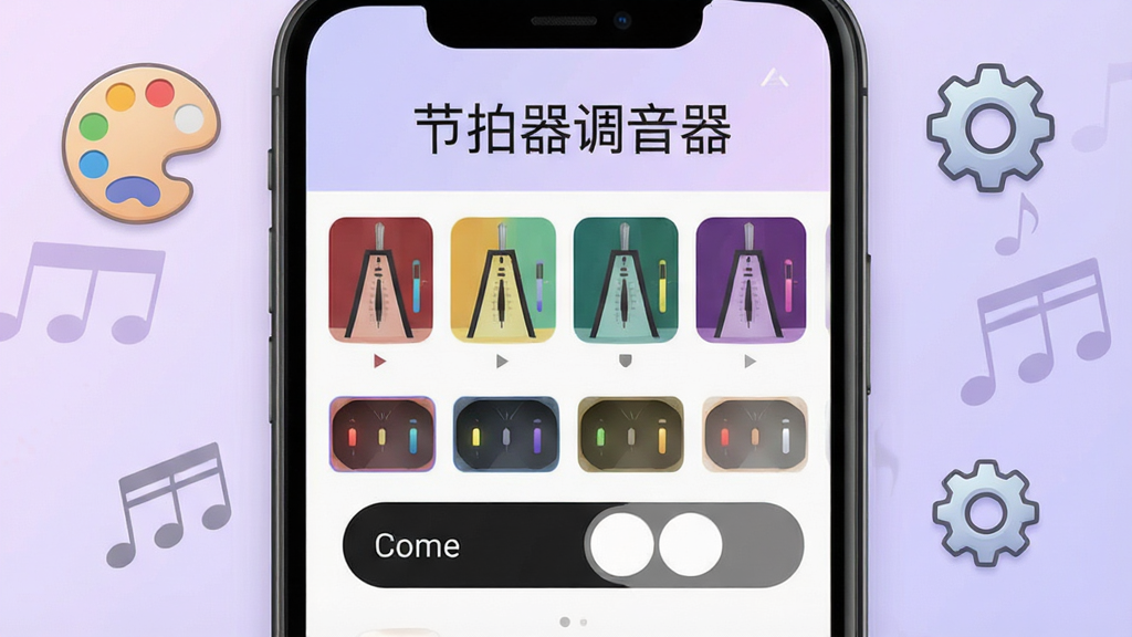 一张展示节拍器调音器软件个性化设置界面的图片,画面中手机屏幕显示多款主题配色选项与深色浅色模式切换按钮,屏幕上方有