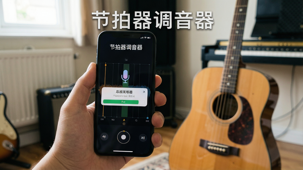 一张展示节拍器调音器软件在手机端使用场景的图片,画面中一只手拿着手机,手机屏幕显示调音器界面与麦克风权限提示,旁边放着一把吉他,背景为居家练习室环境,屏幕上方有