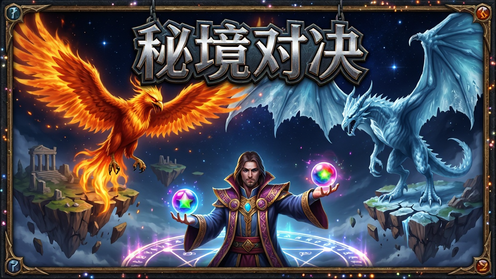 画面主体为一位身穿华丽法袍的召唤师站在悬浮的魔法阵中央,左手托着发光的五色水晶球,右手向前召唤出巨大的火焰凤凰与冰霜巨龙,背景是破碎漂浮的奇幻大陆和深邃的星空。布局采用中心对称构图,召唤师位于画面正下方三分之一处,上方留白展示魔法特效。排版要求突出“秘境对决”四个大字的金属质感Logo悬浮在画面顶部正中。风格为欧美魔幻CG插画风格,细节要求卡牌边框纹理清晰,魔法光效粒子四溅,画质为4K超高清,画面干净,无多余杂乱元素。