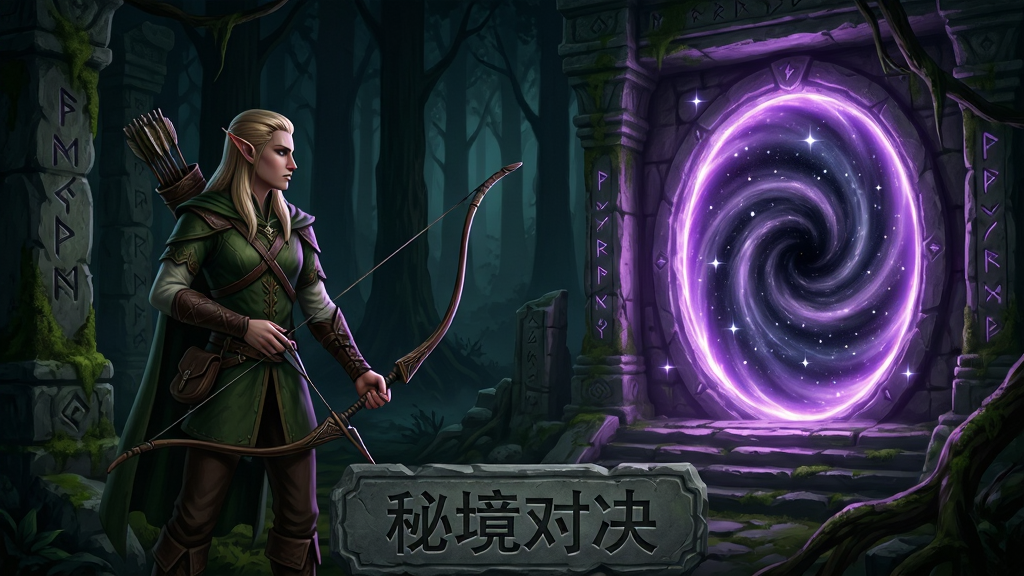 画面主体是一位手持长弓的精灵游侠站在古老遗迹的入口处,身后是幽暗的森林,面前是散发着紫色光芒的秘境传送门。布局采用三分法构图,人物位于画面左侧三分之一处,传送门位于右侧。排版要求画面底部有“秘境对决”字样的石板铭文。风格为暗黑奇幻风格,细节要求遗迹墙壁上有青苔和符文,传送门内有星光漩涡,画质为2K高清,画面干净,无多余杂乱元素。