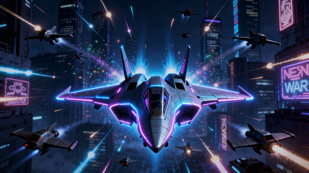霓虹战争(Neon War)游戏主视觉图,画面中央是一架流线型未来战机,机身散发蓝紫色霓虹光芒,背景为赛博朋克风格城市夜景,高楼林立,霓虹灯牌闪烁,大量彩色光弹与粒子特效交织,布局采用居中构图,战机位于画面正中偏下,四周环绕敌军飞行器,风格为科幻数字艺术,细节丰富,光影对比强烈,画质高清,干净,无多余元素
