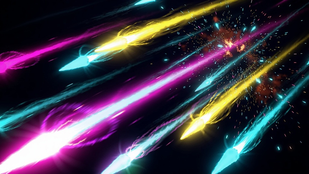 霓虹战争(Neon War)战斗特效展示图,画面主体为高速飞行的霓虹光弹与爆炸粒子,色彩以品红、青蓝、亮黄为主,布局采用对角线动感构图,光弹轨迹从左下延伸至右上,背景为深色虚空,风格为抽象科幻光影艺术,细节强调光晕与拖尾效果,画质高清,干净,无多余元素
