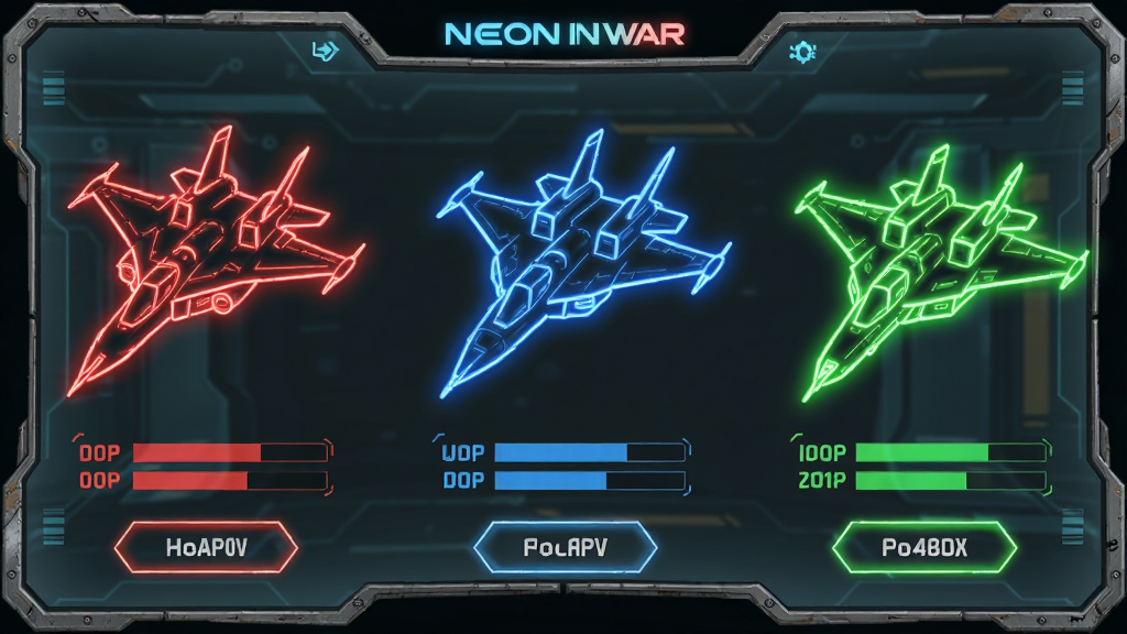 霓虹战争(Neon War)战机选择界面图,画面展示三架不同造型的未来战机并排陈列,分别以红、蓝、绿霓虹光效区分,布局为横向排列,每架战机下方有属性条与解锁按钮,背景为半透明科技面板,风格为游戏UI界面设计,细节包含金属质感边框与发光图标,画质高清,干净,无多余元素