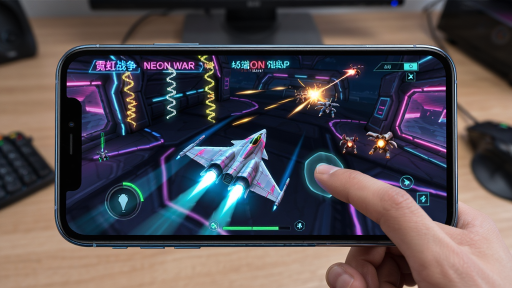 霓虹战争(Neon War)手机端操作示意图,画面展示一部智能手机横屏握持,屏幕上显示游戏战斗界面,手指正在滑动控制战机,周围有弹幕与敌人,布局为手机特写居中,背景为模糊的桌面环境,风格为科技产品展示图,细节包含手机边框反光与屏幕霓虹光效,画质高清,干净,无多余元素