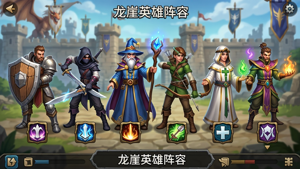 手机游戏界面截图风格,画面中央展示六位不同职业的奇幻英雄角色一字排开,从左到右依次是持盾战士、双剑刺客、法杖法师、弓箭手、治疗牧师和召唤师,每位角色脚下有职业图标,背景为龙崖城遗址的城墙与旗帜,布局为横向排列加底部信息栏,风格为清新奇幻卡牌手游界面,细节包括角色装备纹理、技能光效、职业图标色彩区分,画质高清干净,无多余元素,画面中文字为“龙崖英雄阵容”