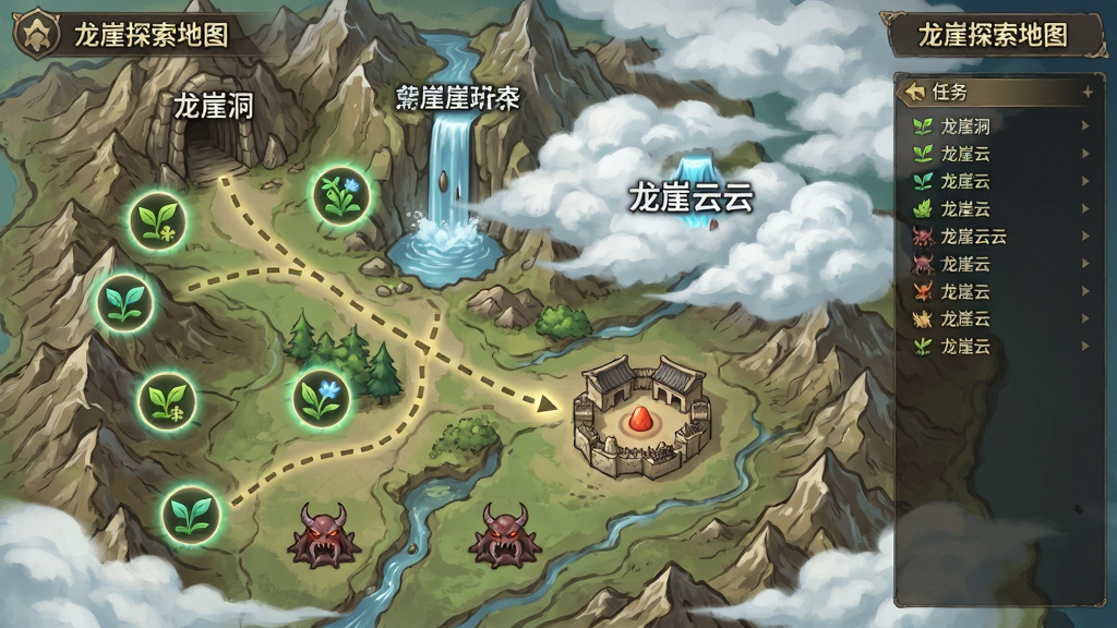 手机游戏地图界面,画面为俯视视角的龙崖山脉地形图,标注有龙崖洞入口、龙崖瀑布水流、龙崖云海区域和龙崖城遗址中心点,地图上散布着草药采集点图标和怪物巢穴标记,布局为全屏地图加右侧任务列表,风格为清新奇幻手绘地图界面,细节包括地形等高线、路径虚线、图标发光效果、云雾遮挡区域,画质高清干净,无多余元素,画面中文字为“龙崖探索地图”