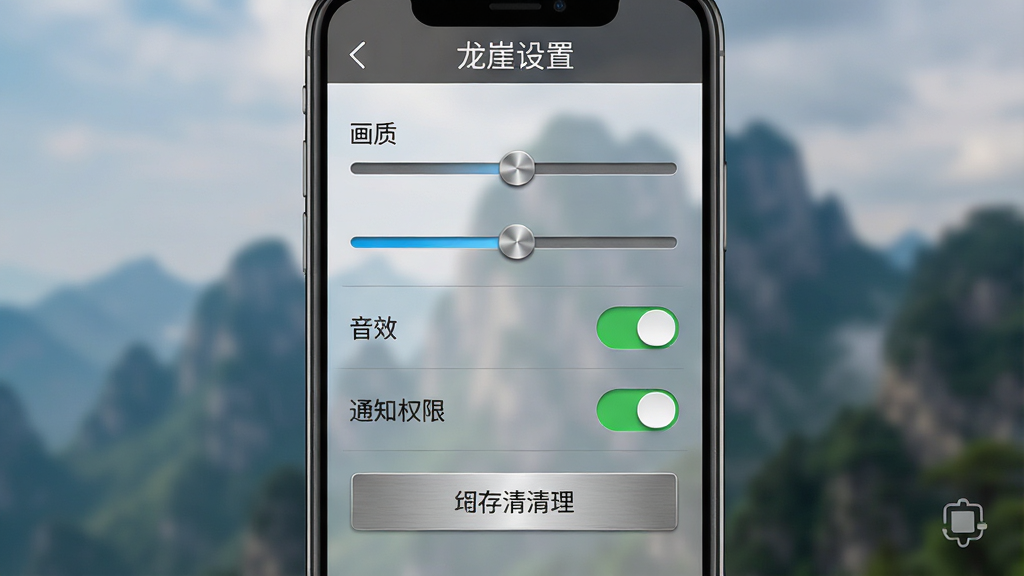 手机屏幕展示龙崖游戏设置界面,画面中排列着画质调节滑块、音效开关、通知权限开关和缓存清理按钮,背景为龙崖山脉的模糊虚化场景,布局为纵向列表加顶部标题栏,风格为清新简约手游设置界面,细节包括滑块金属质感、开关按钮高亮状态、图标线性风格,画质高清干净,无多余元素,画面中文字为“龙崖设置”
