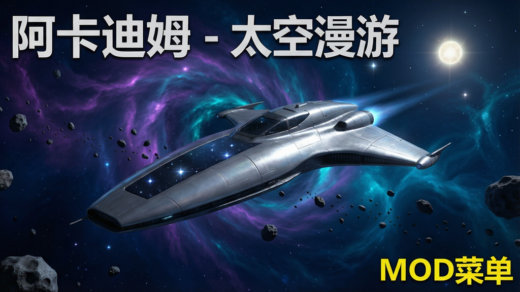 一幅宽屏游戏主界面预览图,画面中央是一艘流线型银色太空飞船悬浮在深蓝色星云背景中,飞船表面反射出点点星光,背景可见旋转的紫色与青色星云、散落的小行星带以及远处发光的恒星。画面左上角用白色粗体字写