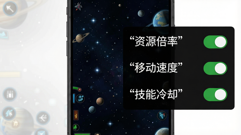 一张手机屏幕截图风格示意图,画面主体是太空游戏界面,右侧悬浮着一个半透明黑色矩形MOD菜单面板,面板内用白色字体列出