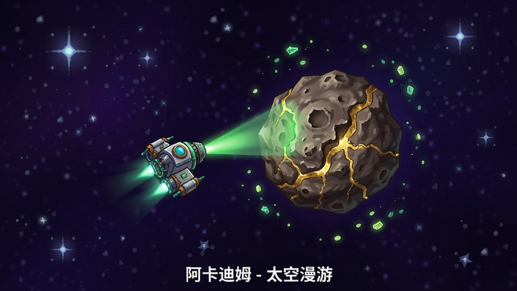 一幅俯视角太空采集场景图,画面中一艘小型采集飞船正用绿色光束照射一颗灰褐色小行星,小行星表面有金色矿脉纹理,周围漂浮着采集后的发光粒子。背景是深紫色太空,点缀着大小不一的星星。画面下方用白色小字写