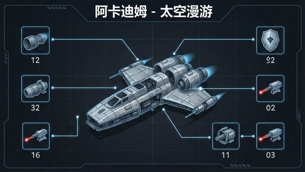 一张飞船改装界面示意图,画面中央是一艘拆解状态的太空飞船,周围用线条连接着引擎、护盾、激光炮等模块图标,每个图标下方有等级数字。背景是深灰色科技感网格,顶部用白色字体写