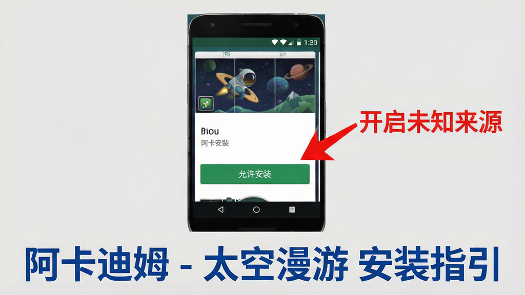 一张手机操作示意图,画面展示一部安卓手机屏幕,屏幕上显示游戏安装界面,有