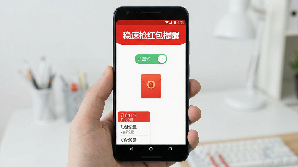 一张展示稳速抢红包提醒软件主界面的手机应用截图,画面中央是一部安卓手机,屏幕显示软件首页,顶部有醒目的“稳速抢红包提醒”文字标识,中间是开启提醒功能的开关按钮和红包图标,底部有功能设置选项列表,整体风格清新简洁,以红色和白色为主色调,背景干净无多余元素,画质清晰,细节丰富,适合作为软件下载站展示图