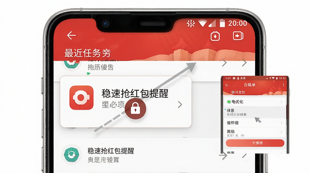 一张展示稳速抢红包提醒在安卓手机上后台运行状态的示意图,画面中手机屏幕显示最近任务列表,稳速抢红包提醒应用卡片被锁定图标标记,旁边有电池优化白名单设置界面小图,整体风格简洁明了,以红色和白色为主色调,背景干净,画质清晰,适合用于教程配图