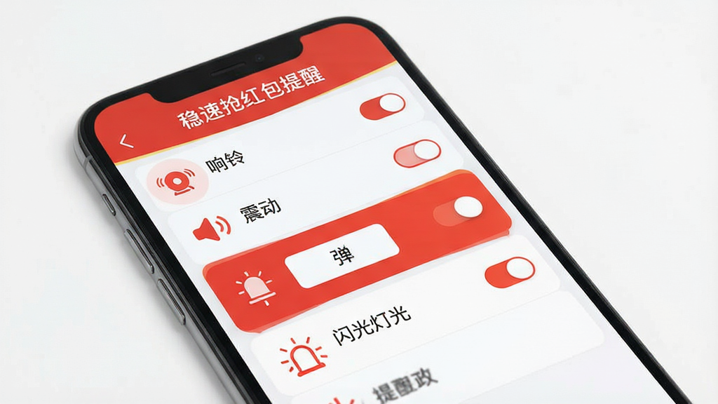 一张展示稳速抢红包提醒功能设置的手机界面图,画面中手机屏幕显示多种提醒方式选项,包括响铃、震动、弹窗、闪光灯等图标,每个选项旁有开关按钮,界面风格简洁现代,以红色和白色为主色调,顶部有“稳速抢红包提醒”文字,背景干净整洁,画质清晰,适合用于软件功能介绍配图