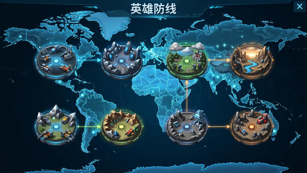 英雄防线关卡选择地图界面,展示多个关卡节点和不同地形,背景是科幻风格的世界地图,界面布局直观,风格明亮清晰,细节精致,画质高清,干净无多余元素