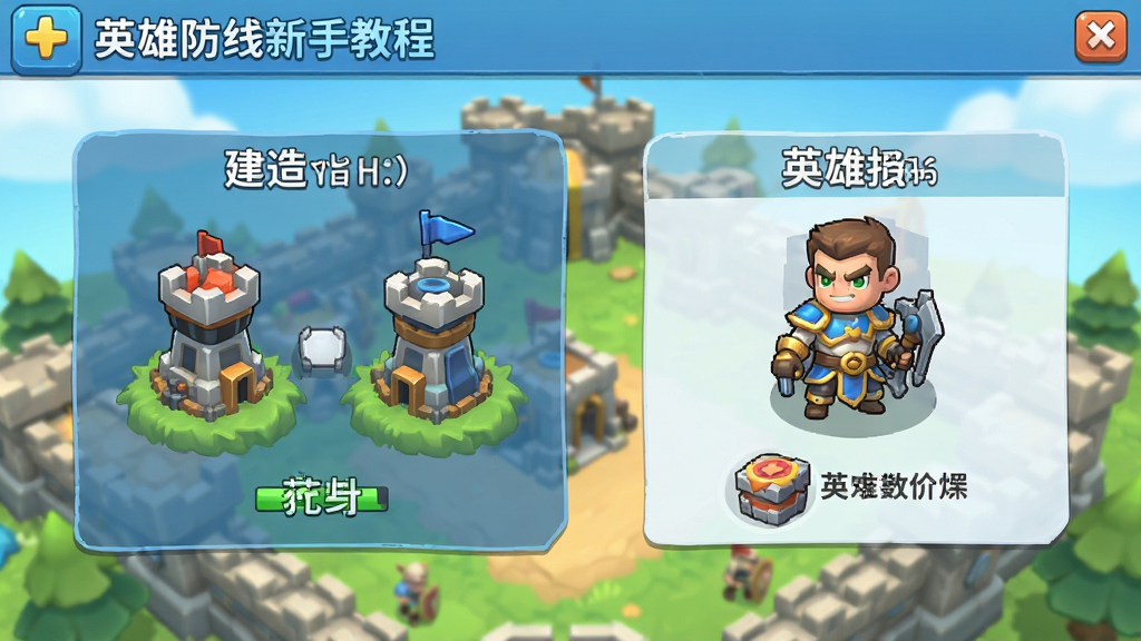 英雄防线新手教程界面,画面中显示防御塔建造指引和英雄操作提示,界面友好易懂,风格清新明亮,细节清晰,画质干净,无多余元素