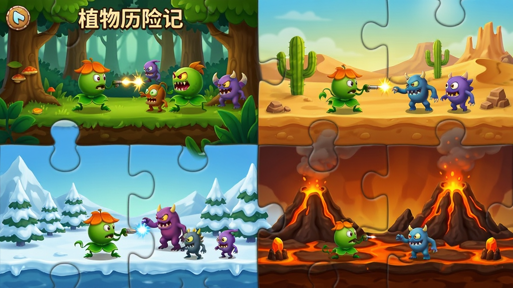 一幅展示“植物历险记”游戏多场景关卡的拼图式画面,左上角是森林关卡,右上角是沙漠关卡,左下角是雪原关卡,右下角是火山关卡,每个场景中都有对应的植物和怪物在战斗,画面风格统一为卡通渲染,色彩丰富,细节到位,画质清晰,干净整洁