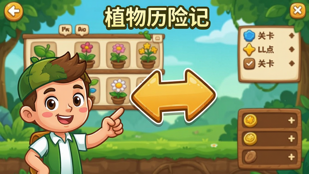 一张“植物历险记”游戏新手教程界面的截图风格插画,画面中有一个卡通向导手指着屏幕上的提示箭头,背景是游戏主界面,包含植物栏、关卡按钮和资源栏,风格为明亮卡通,细节清晰,画质干净,无多余元素