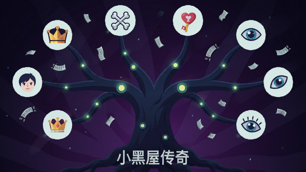 一棵巨大的剧情分支树从底部向上生长每个枝干末端连接着不同的结局图标包括王冠骷髅钥匙爱心和眼睛等符号树根处写着“小黑屋传奇”四个字背景是深邃的暗紫色渐变风格采用扁平矢量插画细节包括枝干上的发光节点和飘落的文字碎片画质清晰干净无多余元素