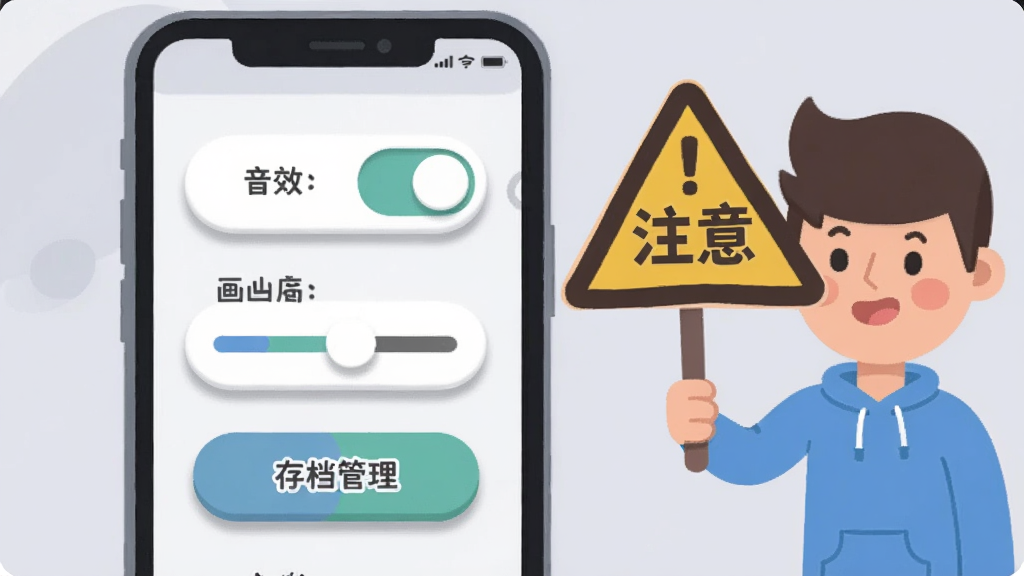 一个手机屏幕显示着游戏设置界面有音效开关画质调节和存档管理按钮屏幕旁边有一个卡通人物举着“注意”的警示牌背景是柔和的浅灰色风格采用扁平化UI设计细节包括按钮的圆角处理和图标阴影画质清晰干净无多余元素