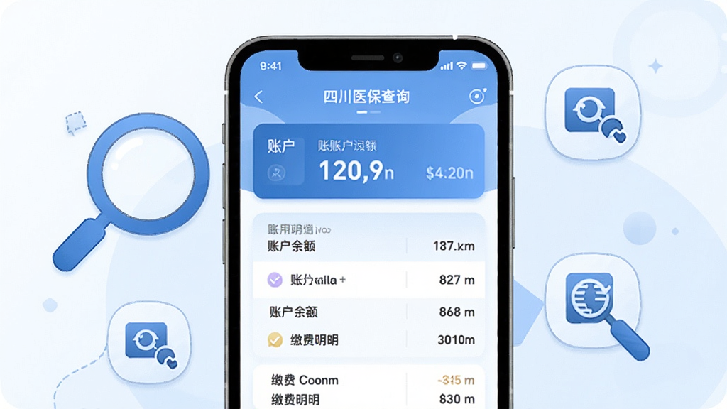 �Ĵ�ҽ��APP�����˻���ѯҳ���ͼ���廭���������ֻ���Ļ��ʾ�˻����ͽɷ���ϸ�б�����Χ���ƷŴ󾵺Ͳ鿴ͼ�꣬���������¼�࣬����ɫ����ϸ�����������ʸɾ����޶���Ԫ��