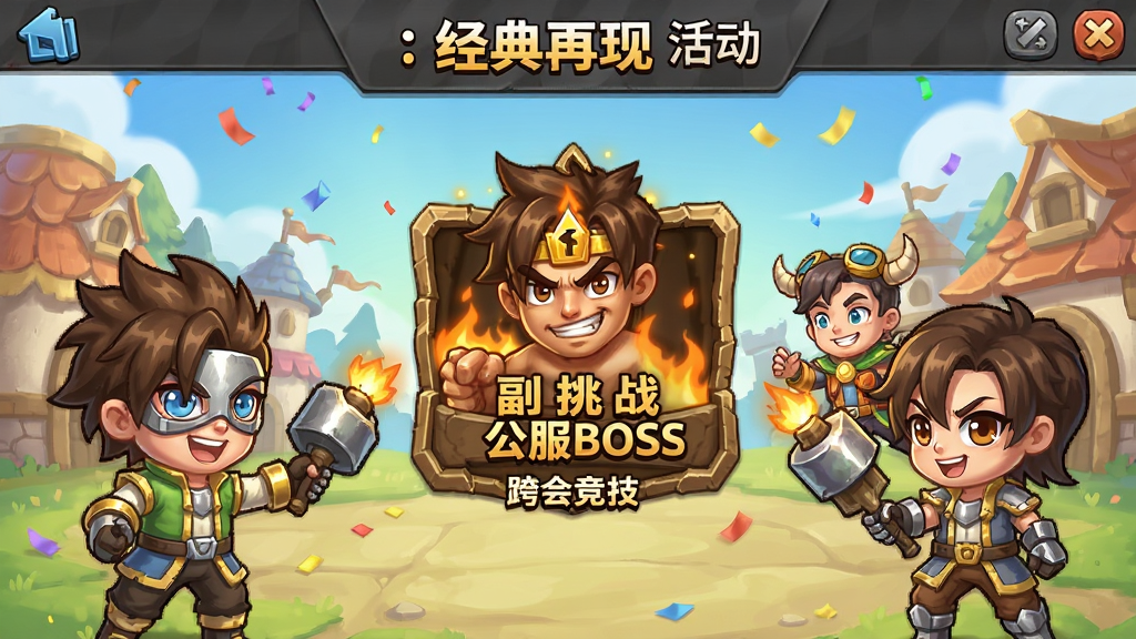 我叫MT:经典再现 活动界面 副本挑战 公会BOSS 跨服竞技 节日限定 卡通风格 热闹氛围 高清画质 干净无多余元素