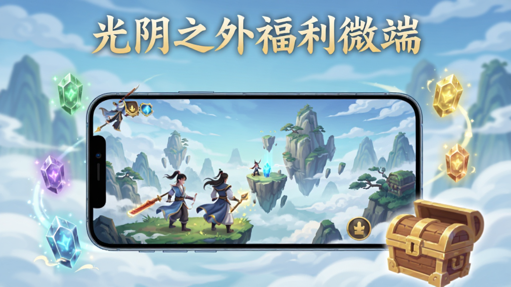 画面中央展示一部智能手机,手机屏幕中呈现修仙题材游戏界面,有古风角色和悬浮的山峰场景,手机周围环绕着发光的灵石和宝箱元素,背景是淡蓝色的云海和远山,整体采用简洁清新的数字插画风格,画质清晰,构图干净,无多余元素,图片上方用金色字体写着“光阴之外福利微端”