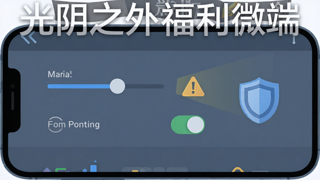 手机屏幕显示游戏设置界面,有画质调节滑块和权限开关图标,旁边有警告标志和盾牌图标,风格为简洁扁平化UI插画,色调以蓝灰为主,画质清晰,无多余元素,画面中有“光阴之外福利微端”文字
