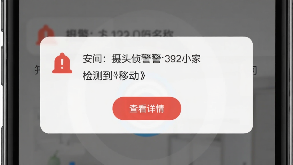 安小家移动侦测报警功能示意图,主体为手机屏幕弹出报警通知界面,布局为通知卡片居中显示,排版突出报警时间和摄像头名称,风格为扁平化UI设计,细节包括红色报警图标、