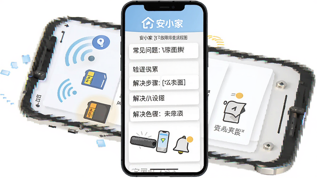 安小家APP故障排查流程图,主体为手机屏幕显示常见问题列表和解决步骤,布局为纵向列表结构,排版清晰,风格为扁平化信息图设计,细节包括WiFi图标、存储卡图标、通知铃铛图标和