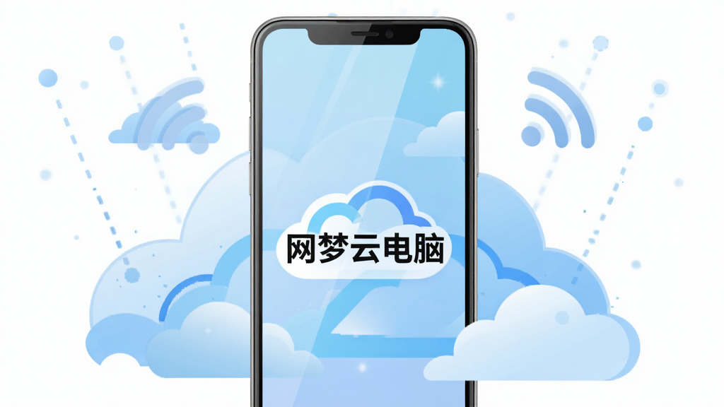 画面主体是一部竖屏安卓手机,手机屏幕内显示着一台完整的云端电脑桌面,桌面中央有醒目的“网梦云电脑”文字标识,布局采用居中构图,手机周围环绕着轻薄的云朵和网络信号线条,风格为清爽的科技扁平插画风,细节上手机边框圆润、屏幕反光自然、云朵有层次感,画质清晰干净,无多余元素