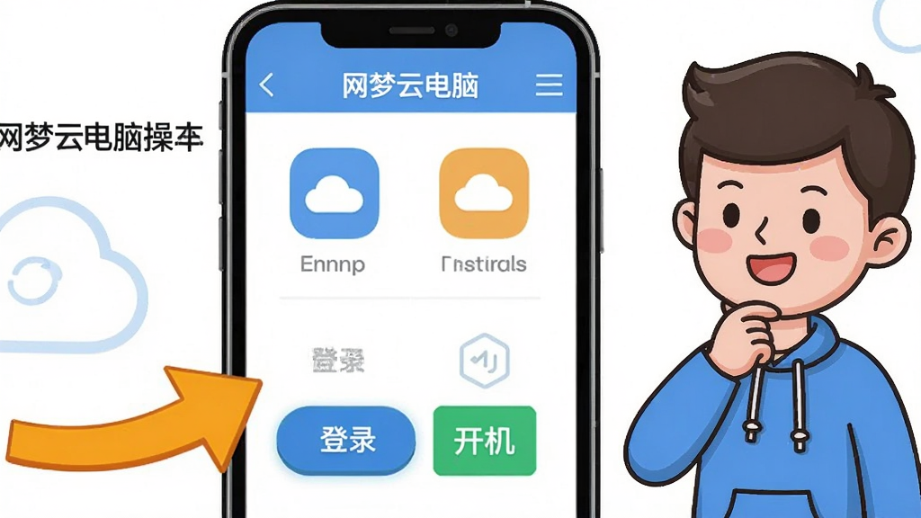 一幅展示网梦云电脑操作门槛较低概念的插画,画面主体是一部手机屏幕显示简洁的云电脑操作界面,界面上有醒目的引导箭头指向登录按钮和开机按钮,旁边有一位卡通人物微笑点头,布局为手机居中、人物在侧,排版轻松,风格为友好卡通科技风,细节包括界面图标大而清晰、引导箭头颜色鲜明、人物表情亲切,画质高清干净,画面中带文字