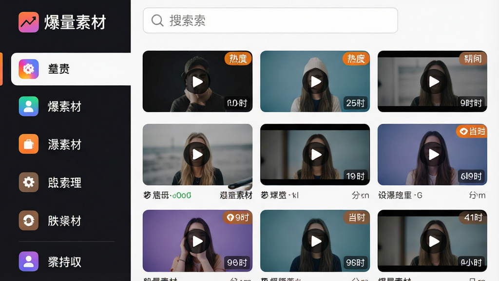 爆量素材APP的素材分类界面展示图,画面布局为左侧竖排分类导航栏,右侧为网格状视频素材缩略图,顶部有搜索框和“爆量素材”标识,风格为扁平化设计,细节包括彩色分类图标、热度标签、时长角标,画质高清,画面干净整洁。