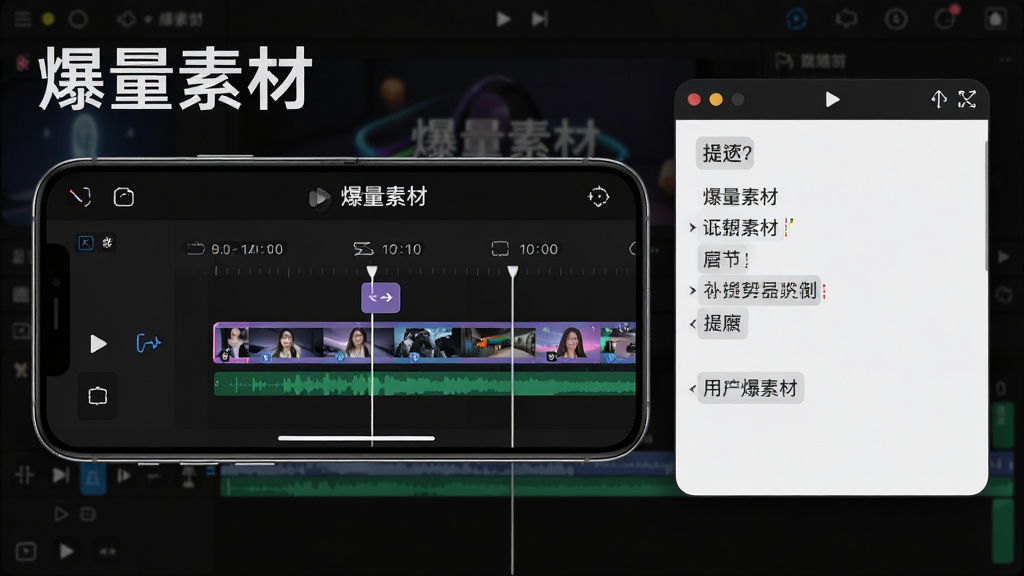 展示爆量素材内置混剪工具与提词器功能的合成图片,画面左侧为手机横屏显示时间轴与视频轨道,右侧为提词器悬浮窗口,背景为深色专业剪辑界面,屏幕上有“爆量素材”字样,风格为科技感与专业工具感,细节包括波形图、转场图标、播放指针,画质超清,无杂乱元素。