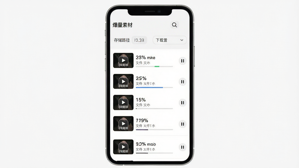 爆量素材移动端操作界面截图,画面为手机屏幕显示下载管理页面,列表中有多个视频下载进度条,顶部有“爆量素材”标题和存储路径设置选项,风格为简洁实用型UI,细节包括进度百分比、文件大小、暂停按钮,画质清晰,背景干净。