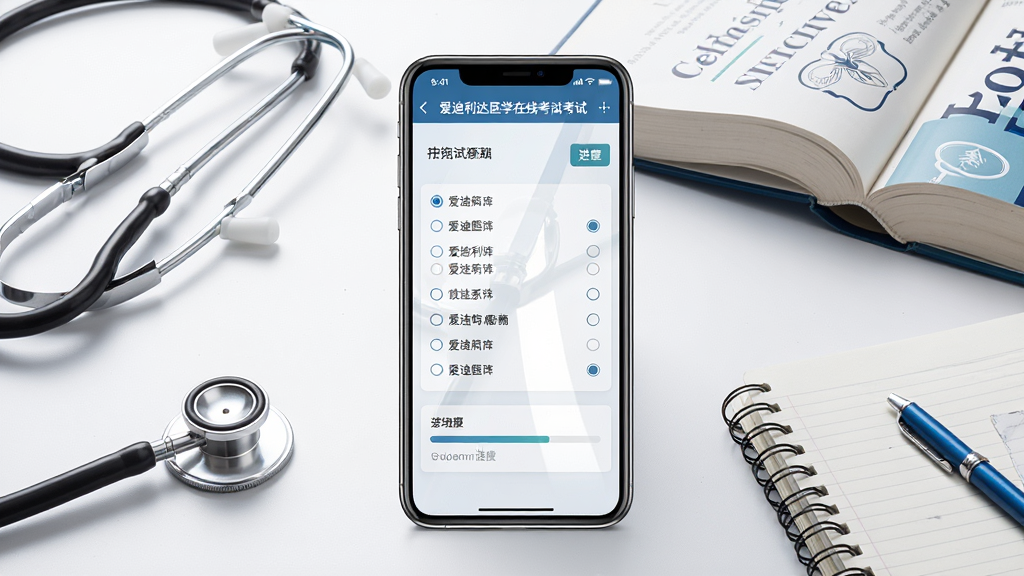 一张手机屏幕展示医学考试题库界面的产品预览图,画面中央是一部竖屏智能手机,手机屏幕内显示爱迪利达医学在线考试系统的答题页面,包含单选题选项和进度条,手机周围散落着听诊器、医学书籍和笔记本,整体布局为居中构图,风格为干净明亮的科技教育风,细节包括屏幕反光和书籍封面上的医学符号,画质高清,画面干净,无多余元素。