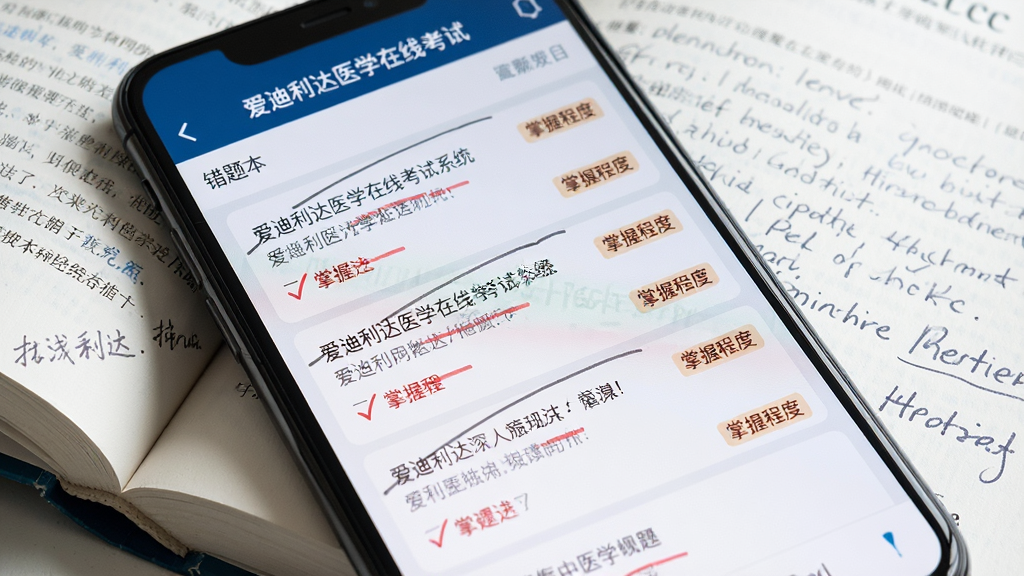 一部手机特写镜头,屏幕上显示爱迪利达医学在线考试系统的错题本列表界面,每条错题旁有红色标记和掌握程度标签,手机下方压着一本翻开的医学教材,画面布局为微距特写,风格为简洁实用风,细节包括屏幕上的划线和教材上的手写批注,画质清晰,画面干净,无多余元素。