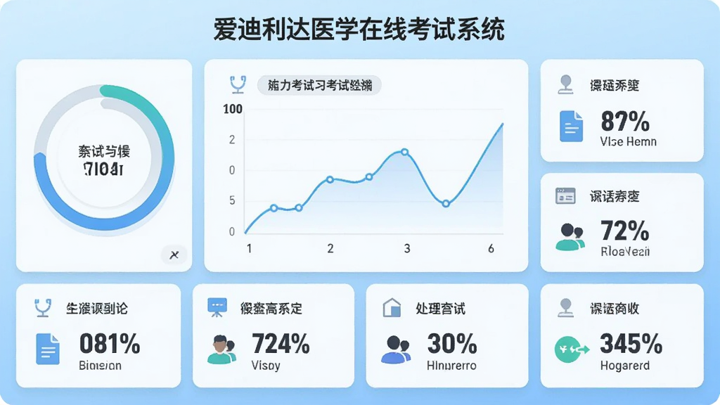 一张信息图表风格的插图,展示爱迪利达医学在线考试系统的学习数据统计面板,画面中有环形进度条、折线图和数字指标,背景为浅蓝色渐变,布局为网格排列,风格为现代数据可视化,细节包括图标和百分比数字,画质矢量感强,画面干净,无多余元素。