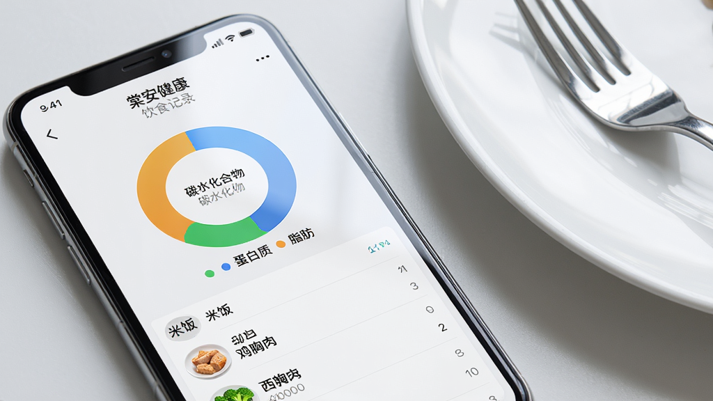 手机屏幕特写,画面中显示“棠安健康”饮食记录页面,环形图展示碳水化合物、蛋白质与脂肪比例,下方列表陈列米饭、鸡胸肉与西兰花的条目。手机旁摆放一个白色餐盘与叉子,背景为浅灰色桌面。布局采用斜侧视角,风格简约现代,细节包括屏幕玻璃反光与餐盘边缘高光。画质干净,无多余元素。