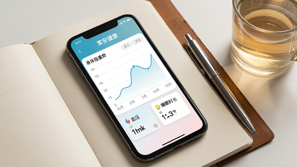 手机界面展示“棠安健康”身体指标趋势图,折线图显示近七天的体重变化曲线,下方有血压与睡眠时长的数据卡片。手机斜放在一本打开的笔记本上,旁边有一支笔与一杯温水。布局采用柔和俯视角度,风格安静整洁,细节包括纸张纹理与屏幕亮度渐变。画质干净,无多余元素。