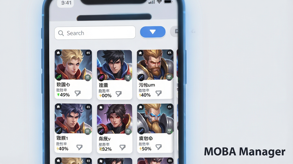 一张手机应用界面截图风格的插画,展示MOBA Manager的英雄数据管理页面。画面中手机屏幕内排列着多个英雄头像卡片,每个卡片下方有名称和胜率百分比。屏幕顶部有搜索框和筛选按钮。背景为浅灰色,手机周围有淡淡的蓝色光晕。画面右下角有文字“MOBA Manager”。风格为扁平化UI设计,细节清晰,画质干净,无多余装饰。