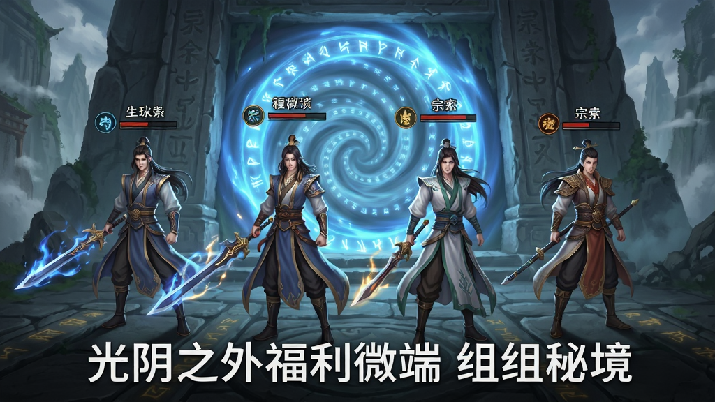 画面主体为四位古风修真角色组成小队,站在一座巨大的秘境入口前,入口处有旋转的蓝色光门,角色头顶显示着宗门名称与血条;布局采用一字排开的队伍站位;排版下方用白色字体写着「光阴之外福利微端 组队秘境」;风格为国风玄幻插画;细节包括角色武器的发光特效、光门中的符文流转、地面上的古老石板纹路;画质为高清,干净无多余元素。