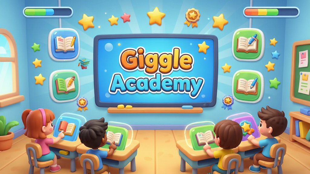 Giggle Academy 游戏化学习场景,画面主体为卡通风格的虚拟教室,中央大屏幕上显示“Giggle Academy”字样,四周分布着不同学科的互动图标,孩子们在屏幕前点击操作,布局采用中心放射式,风格活泼明快,细节包括飘浮的星星、徽章和进度条,画质高清,干净整洁,无多余元素