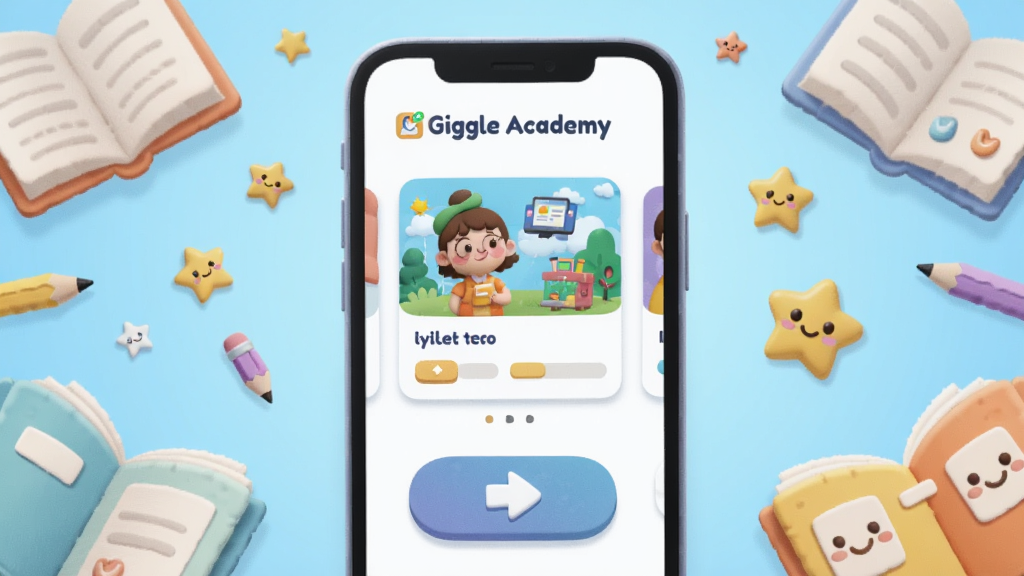 一幅展示Giggle Academy应用界面的插画,画面中央是明亮的手机屏幕,屏幕内呈现卡通风格的课程卡片与互动按钮,周围环绕着书籍、铅笔、星星和笑脸等学习元素,背景为柔和的渐变蓝色,整体风格清新活泼,色彩明快,布局居中对称,细节丰富,画质清晰,干净无多余元素