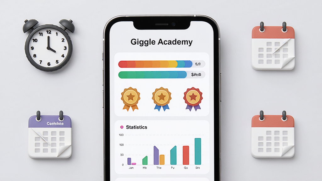 Giggle Academy 学习进度追踪界面,画面展示一部手机屏幕,屏幕上呈现彩色进度条、成就徽章和统计图表,背景为简洁的浅灰色,手机周围点缀着时钟和日历图标,布局清晰有序,风格现代简约,细节精致,画质锐利,干净无多余元素