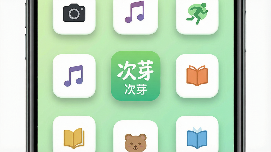 一张手机屏幕展示社交应用主界面的图片,画面中央是应用图标和名称“次芽”,背景是柔和的浅绿色渐变,周围环绕着代表摄影、音乐、运动、阅读等兴趣爱好的简约图标,布局采用居中对称排版,风格清新现代,细节包括圆角卡片和细小阴影,画质高清,干净,无多余元素