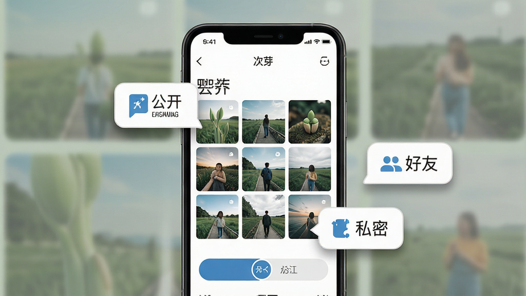 一张展示“次芽”动态发布界面的图片,画面中有一部手机,屏幕显示多张照片缩略图和可见范围选项按钮,旁边漂浮着“公开”“好友”“私密”三个标签,布局采用手机居中、标签环绕式,风格扁平化设计,细节包括清晰的图标和柔和的阴影,画质高清,干净,无多余元素