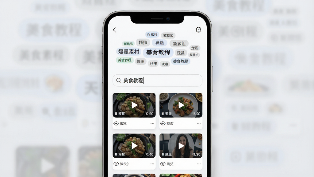 爆量素材智能搜索与分类界面,画面展示一部手机屏幕,屏幕内呈现分类标签云和搜索框,搜索框内显示“美食教程”字样,下方排列着匹配的视频素材卡片,每个卡片带有播放按钮和时长显示,背景为柔和的浅灰色,风格简洁商务,画质清晰,无多余装饰